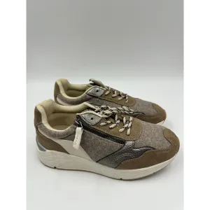 Big Kid Size 4 Brown and Tan Sneakers, with Metal Accents, Felt, Suede and Zip