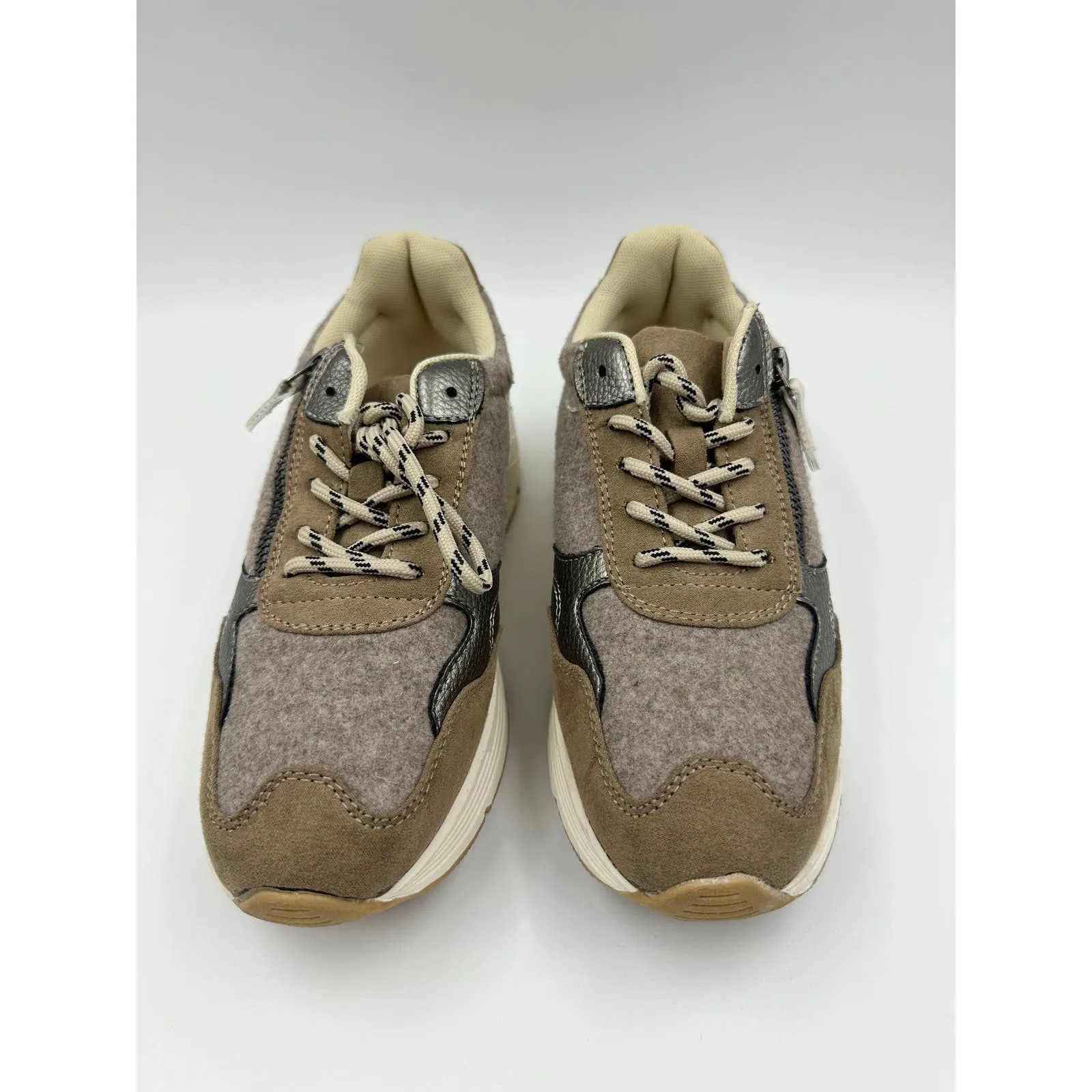 Big Kid Size 4 Brown and Tan Sneakers, with Metal Accents, Felt, Suede and Zip