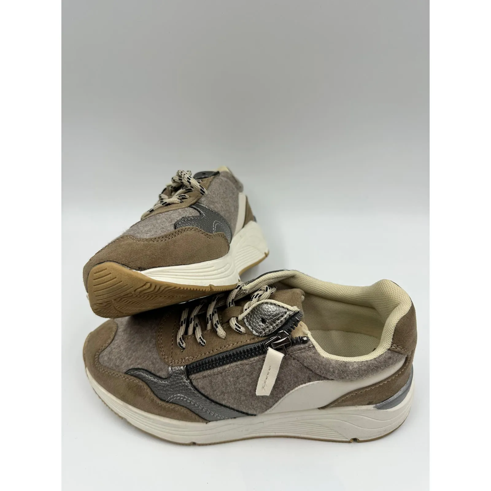 Big Kid Size 4 Brown and Tan Sneakers, with Metal Accents, Felt, Suede and Zip