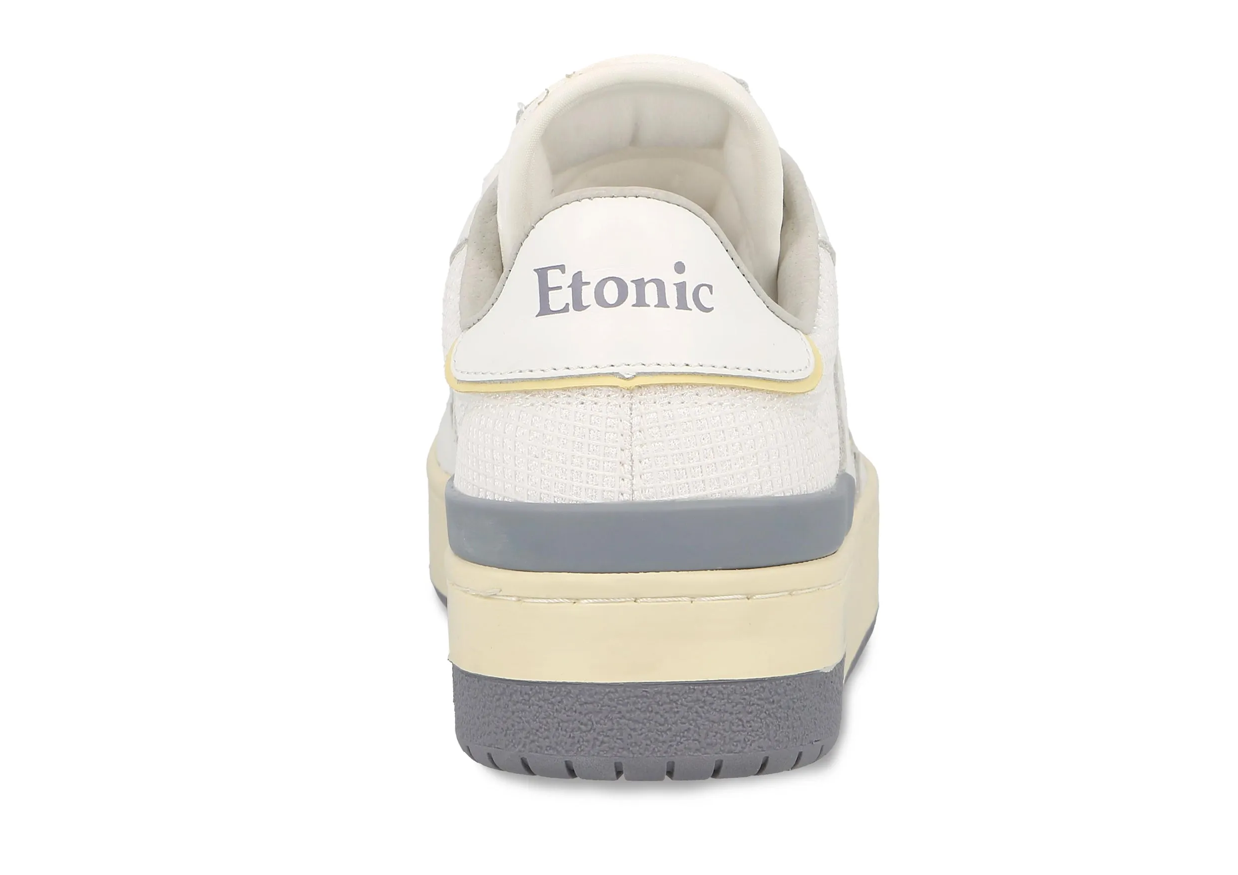 Etonic B481 sneakers in white leather, white mesh, yellow and smoke grey green details with beige midsole and smoke grey bottom outsole.