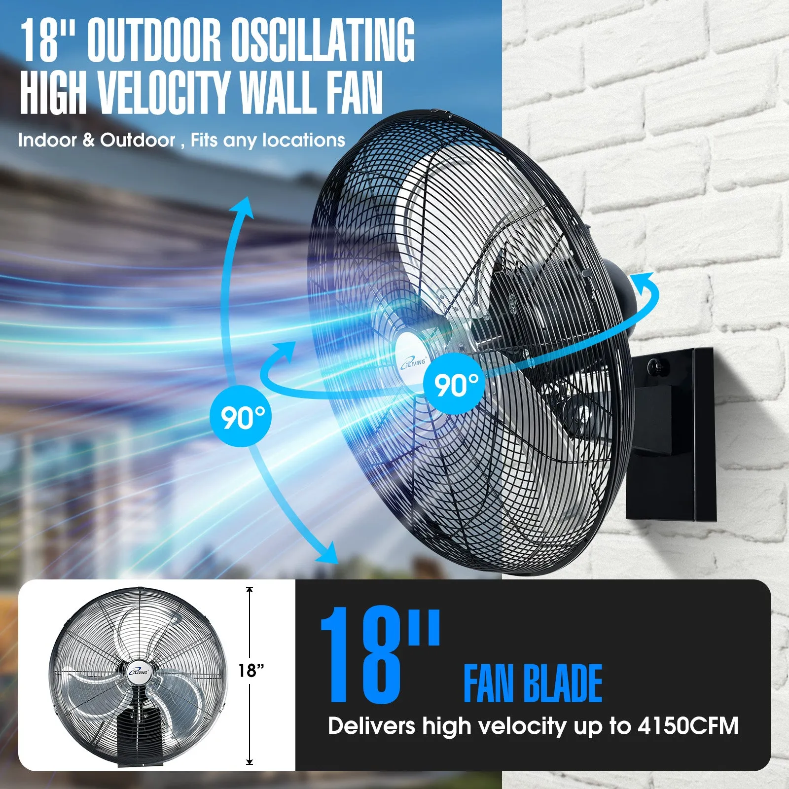 ILG8EOSC18 - iLiving 18" Outdoor Oscillating High Velocity Wall Fan with 4150 CFM Heavy Duty Weatherproof Motor, Variable Speed Adjustment for Workshop, Garage, Patios, Commercial and Industrial, 18 inch