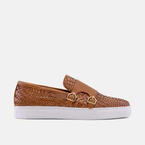 Kyler Cognac Woven Leather Monk Strap Sneakers