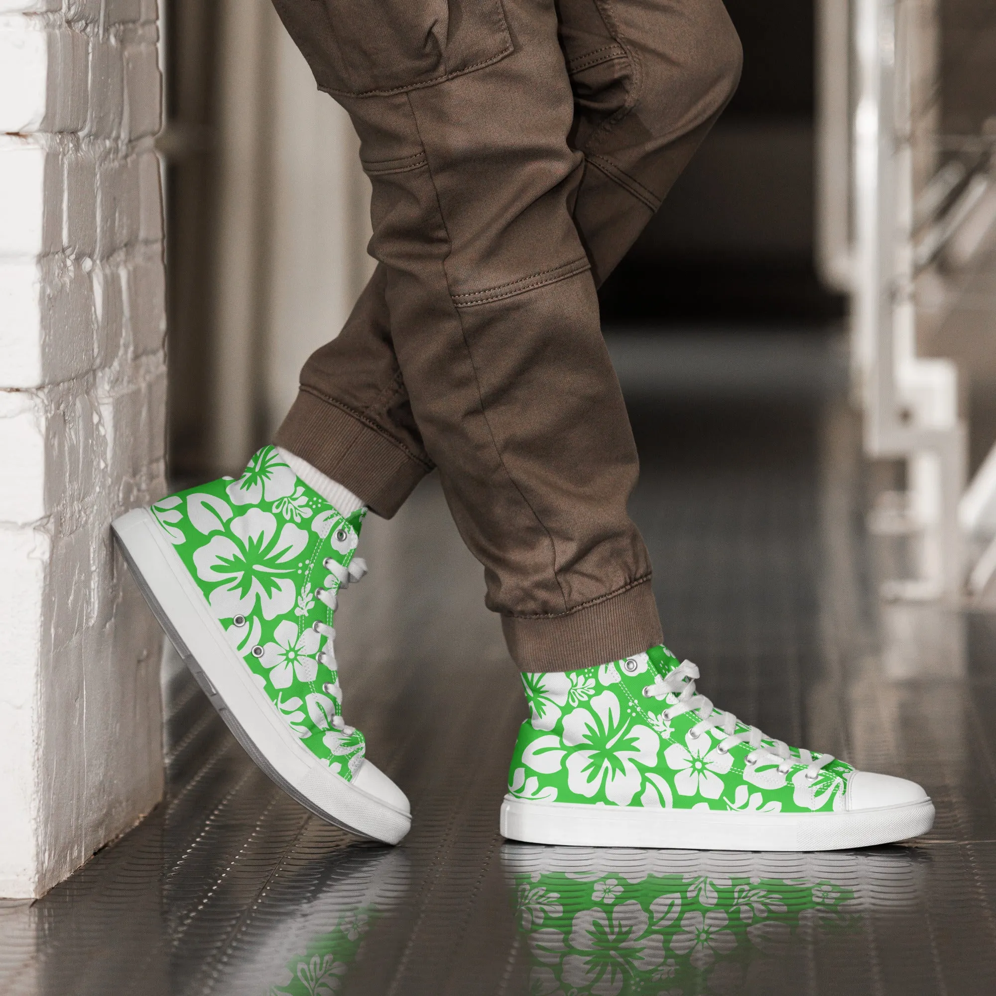 Men's Lime Green and White Hawaiian Print High Top Shoes