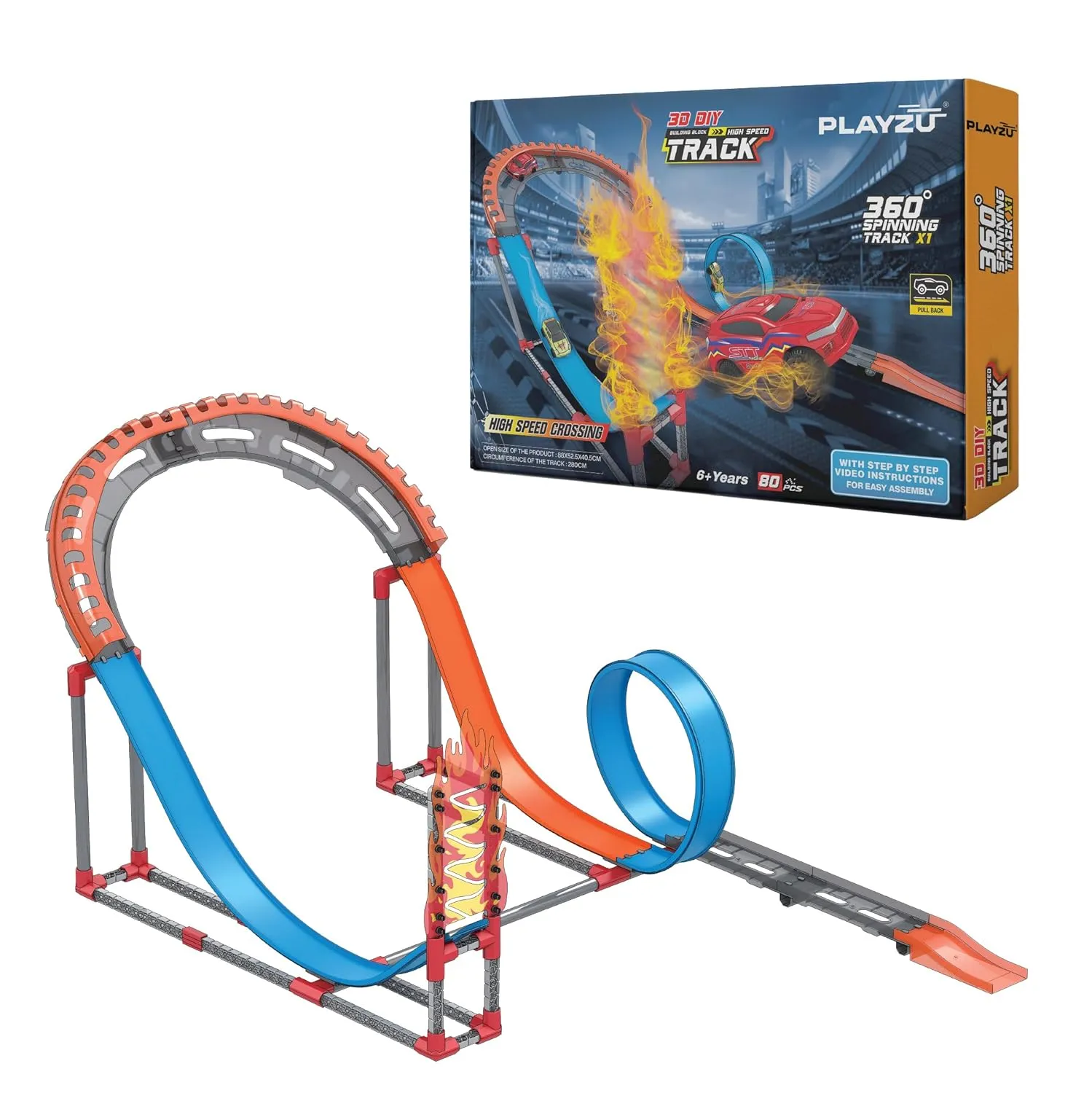 Playzu High Speed Pull Back -Rally 81 pcs Single 360 Degree Loops Racing Track Game with Building Block Sets and Two Strong 1:64 Scaled Pull Back Cars for Ages 6 