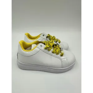 Small Kid Size 11 White Leather Fashion Sneakers with Yellow Trim